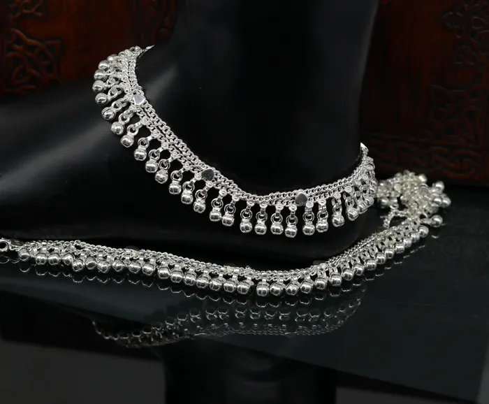 105 Sterling silver customized double chain anklets bracelet waved jingle bells ankles feet bracelet charm belly dance jewelry ank262 TRIBAL ORNAMENTS Bracelets