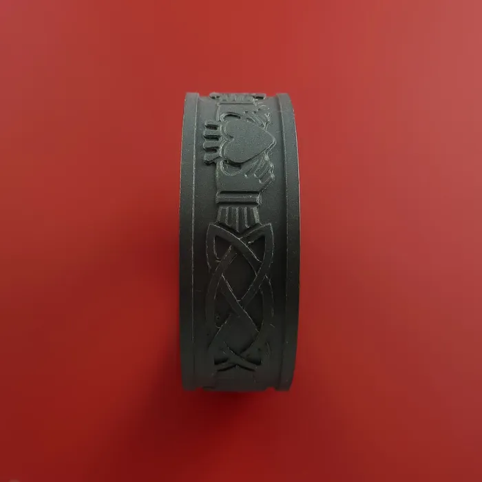Lashbrook Rings Black Zirconium Ring with Claddagh Milled Celtic Design Inlay Custom Made Band Lashbrook Rings Black Zirconium Ring with Claddagh Milled Celtic Design Inlay Custom Made Band