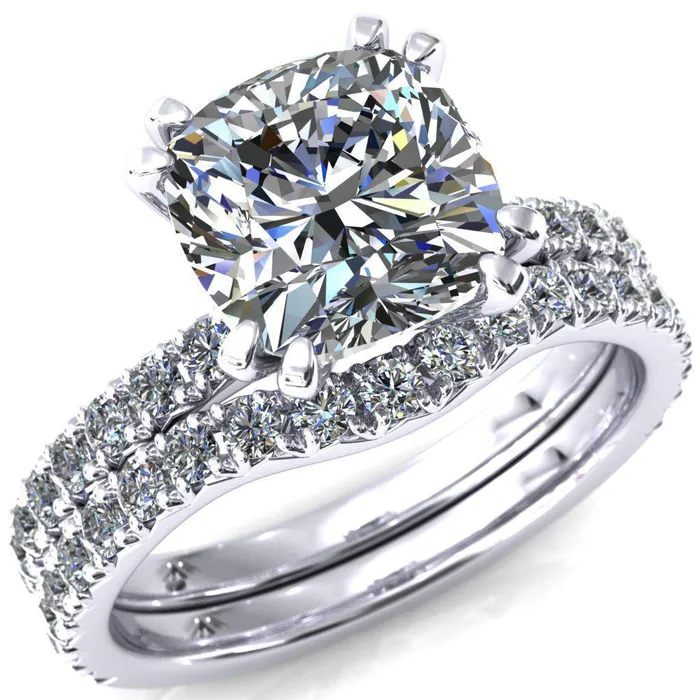 Rings Fire Brilliance Nefili Cushion Center Stone 4 Double Prong 58 Eternity Diamond French Pave Engagement Ring