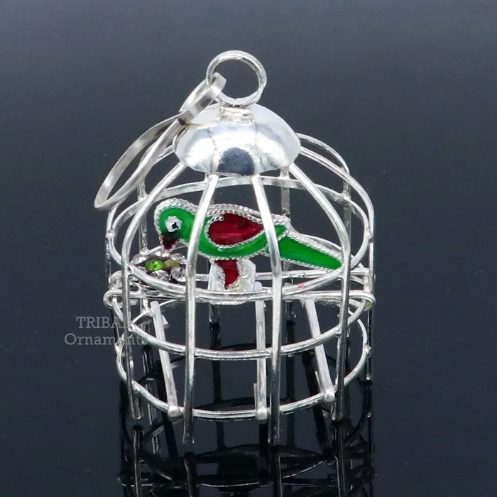 TRIBAL ORNAMENTS Necklaces Solid sterling silver handmade toy for idol krishna silver parrot and cage silver article for gifting to God or idol Krishna su767
