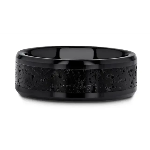 Black Ceramic 8mm Band with Gray Lava Rock Inlay Mens Bands Rings