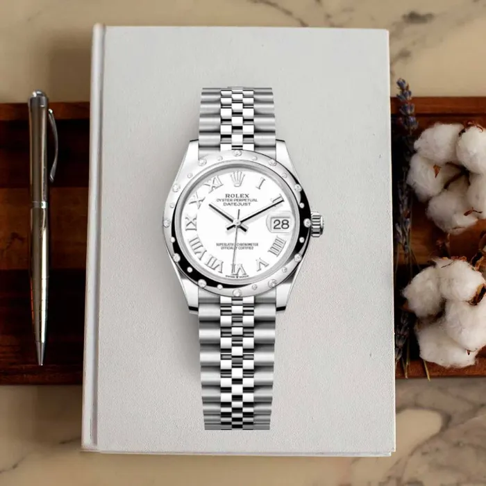 Bracelets Rolex Rolex Datejust 31mm Ref 278344rbr0012 White Roman Dial Diamond Bezel Stainless Steel Jubilee Bracelet Womens Watch