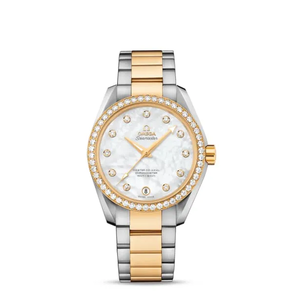 Omega Bracelets Omega Seamaster 39mm Watch Ref 23125392155002 White Mother of Pearl Diamond Index Dial Diamond Bezel Two Tone Stainless Steel 18K Yellow Gold Bracelet