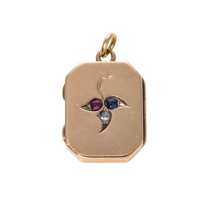 PreStyled Sets Croghans Victorian Diamond Ruby Sapphire Trefoil 9K Gold Locket Pendant