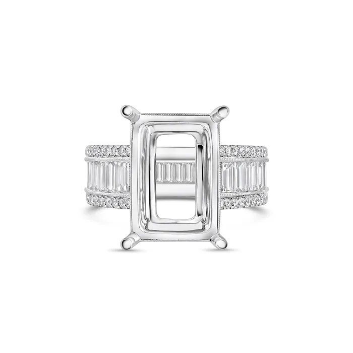 Rings 18K White Gold Wide Semi Mount Diamond Ring with Rectangle Head and Baguette and Round Diamonds in Shank Engagement Collections