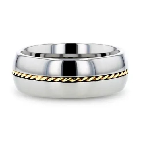 Rings Domed Tungsten 8mm Band with 14K Yellow Gold Braided Inlay Mens Bands