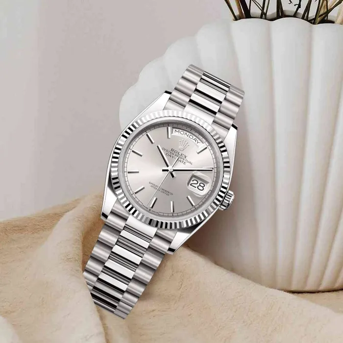 Rolex Day Date 36mm Ref 1282390005 Silver Stick Dial 18K White Gold President Bracelet Watch Rolex Bracelets