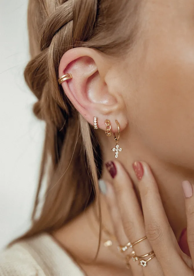 Hey Happiness Earrings Cross Charm Hoop Earrings Sterling Silver Gold