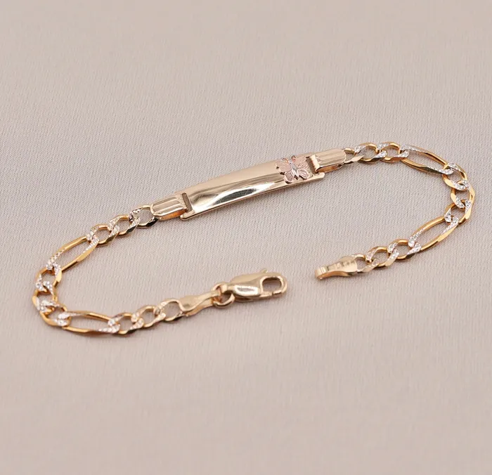 AB and J Bracelets 14K Gold Solid Figaro Baby ID Bracelet with White Pave AB896 AB and J Bracelets 14K Gold Solid Figaro Baby ID Bracelet with White Pave AB896