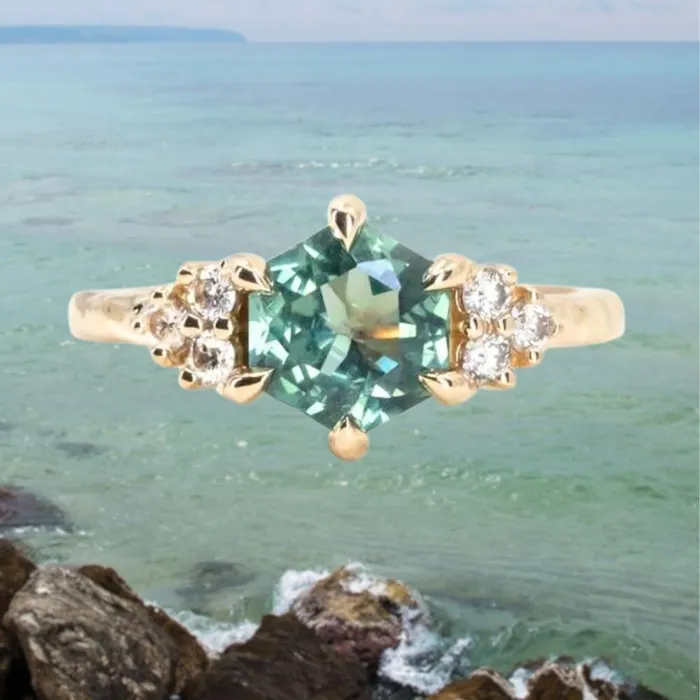 Anueva Jewelry Rings 175CT Hexagon Teal Montana Sapphire and Diamond Cluster Evergreen Ring in 14k Yellow Gold