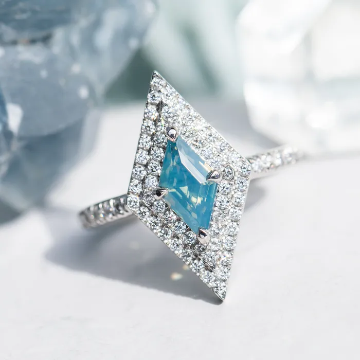 Rings Anueva Jewelry 112ct Kite Shaped Opalescent Teal Sapphire Double Diamond Halo Ring in Platinum