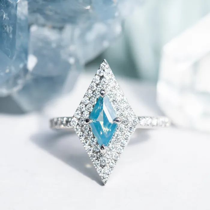 Rings Anueva Jewelry 112ct Kite Shaped Opalescent Teal Sapphire Double Diamond Halo Ring in Platinum