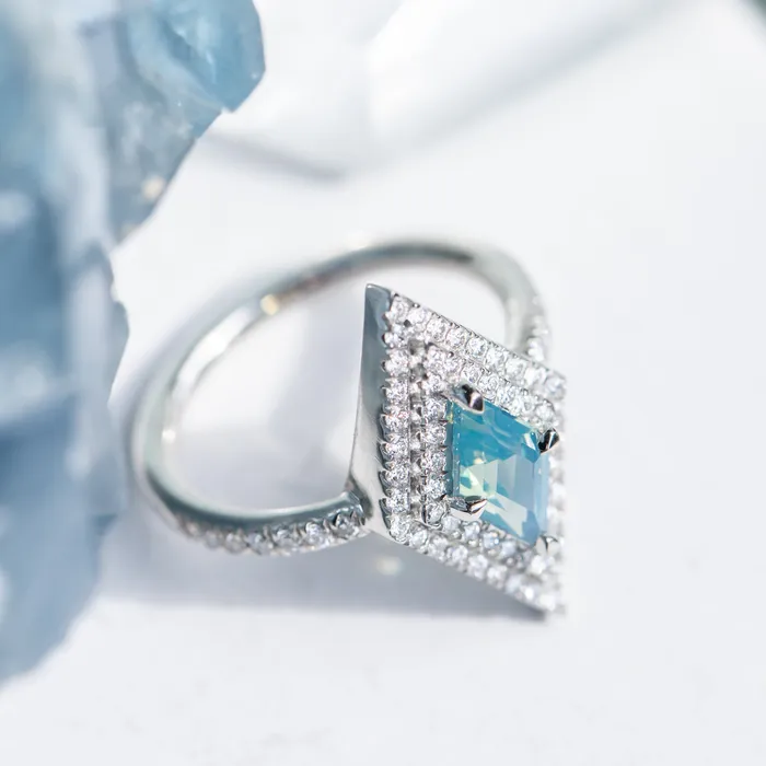 Rings Anueva Jewelry 112ct Kite Shaped Opalescent Teal Sapphire Double Diamond Halo Ring in Platinum