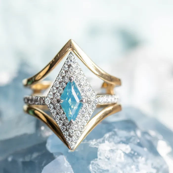 Rings Anueva Jewelry 112ct Kite Shaped Opalescent Teal Sapphire Double Diamond Halo Ring in Platinum