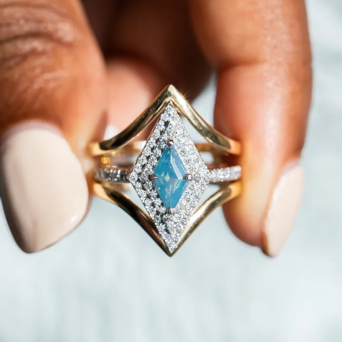 Rings Anueva Jewelry 112ct Kite Shaped Opalescent Teal Sapphire Double Diamond Halo Ring in Platinum