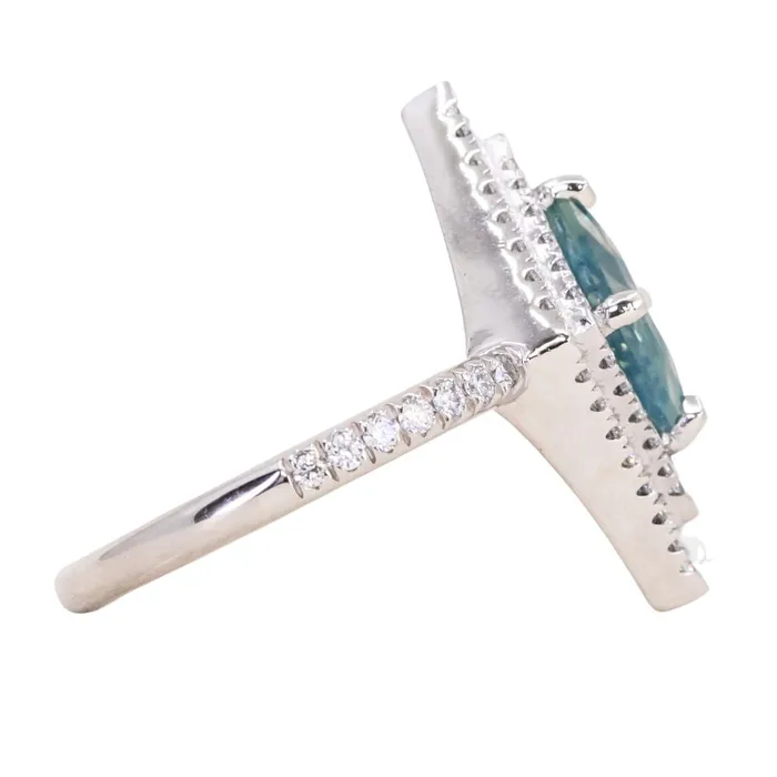 Rings Anueva Jewelry 112ct Kite Shaped Opalescent Teal Sapphire Double Diamond Halo Ring in Platinum
