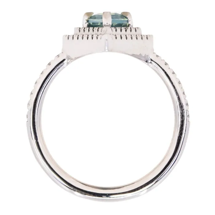 Rings Anueva Jewelry 112ct Kite Shaped Opalescent Teal Sapphire Double Diamond Halo Ring in Platinum