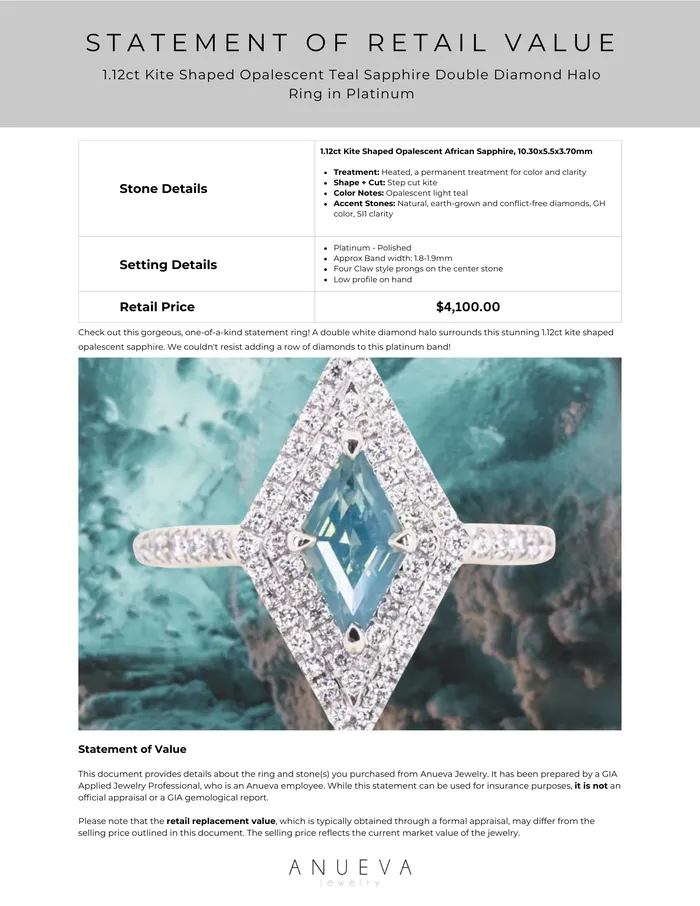 Rings Anueva Jewelry 112ct Kite Shaped Opalescent Teal Sapphire Double Diamond Halo Ring in Platinum