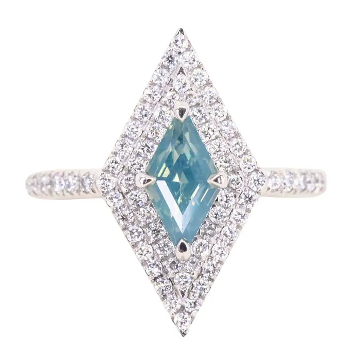 Rings Anueva Jewelry 112ct Kite Shaped Opalescent Teal Sapphire Double Diamond Halo Ring in Platinum