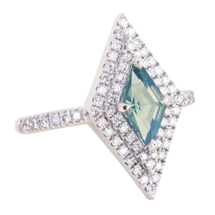 Rings Anueva Jewelry 112ct Kite Shaped Opalescent Teal Sapphire Double Diamond Halo Ring in Platinum