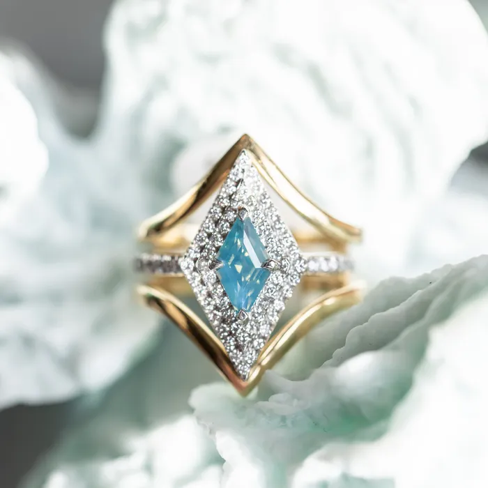 Rings Anueva Jewelry 112ct Kite Shaped Opalescent Teal Sapphire Double Diamond Halo Ring in Platinum