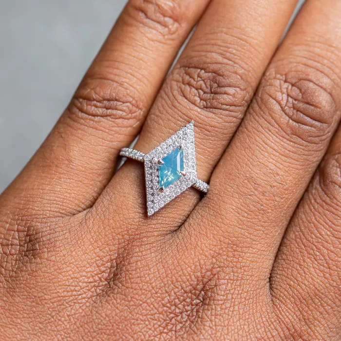 Rings Anueva Jewelry 112ct Kite Shaped Opalescent Teal Sapphire Double Diamond Halo Ring in Platinum