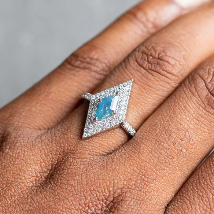 Rings Anueva Jewelry 112ct Kite Shaped Opalescent Teal Sapphire Double Diamond Halo Ring in Platinum