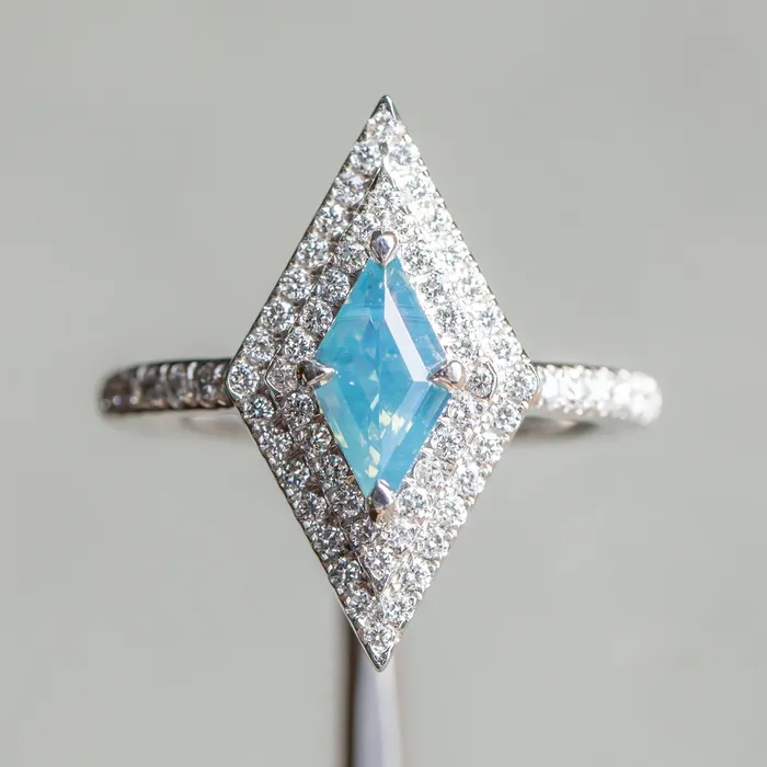 Rings Anueva Jewelry 112ct Kite Shaped Opalescent Teal Sapphire Double Diamond Halo Ring in Platinum