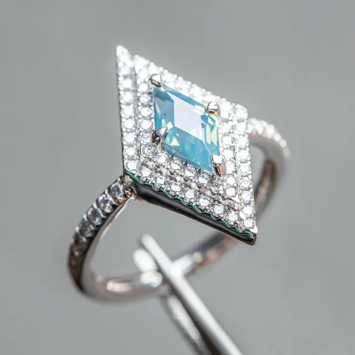 Rings Anueva Jewelry 112ct Kite Shaped Opalescent Teal Sapphire Double Diamond Halo Ring in Platinum