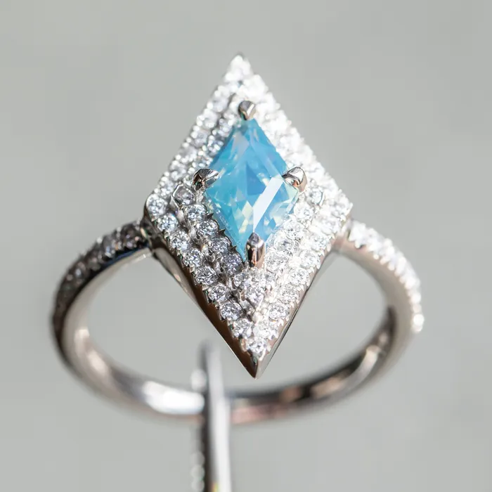 Rings Anueva Jewelry 112ct Kite Shaped Opalescent Teal Sapphire Double Diamond Halo Ring in Platinum