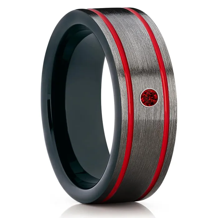 Clean Casting Jewelry Rings Red Tungsten Ring Ruby Wedding Band Gunmetal Wedding Ring Tungsten Wedding Band