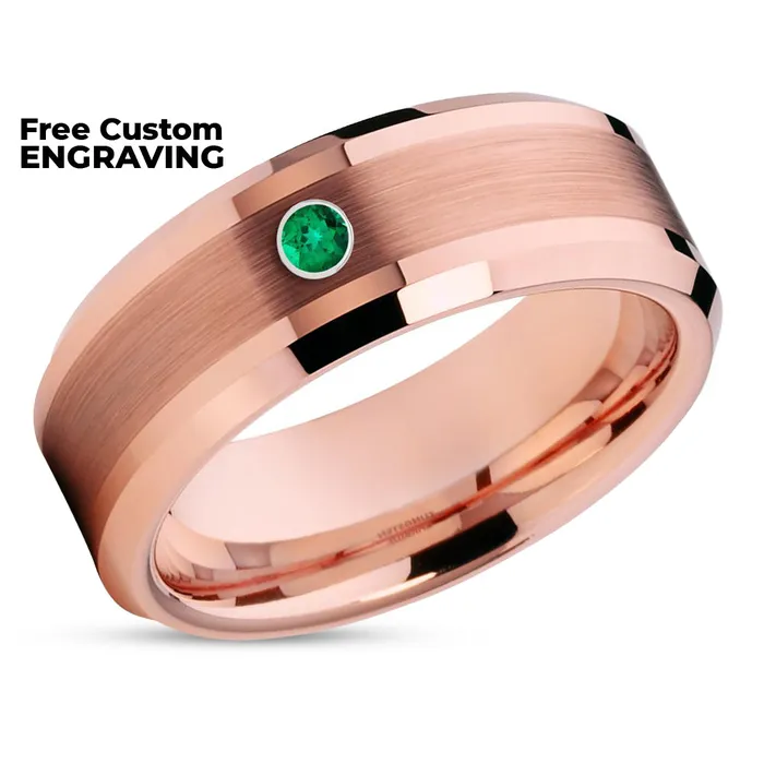 Emerald Wedding Ring Rose Gold Tungsten Ring Mans Wedding Ring Womens Ring Band Clean Casting Jewelry Rings