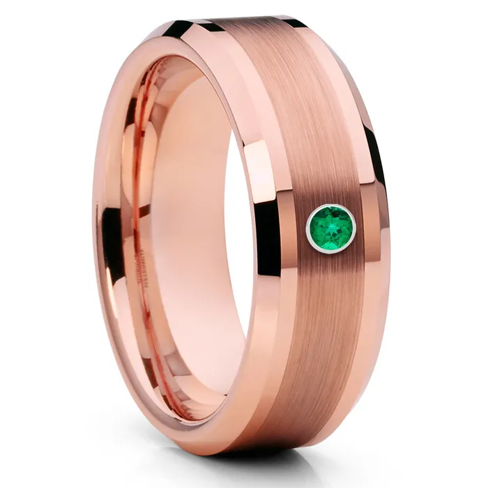 Emerald Wedding Ring Rose Gold Tungsten Ring Mans Wedding Ring Womens Ring Band Clean Casting Jewelry Rings