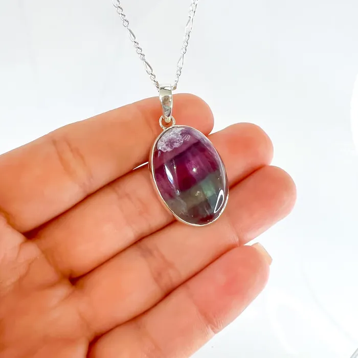 Magic Crystals Necklaces Rainbow Fluorite Sterling Silver Pendant Necklace