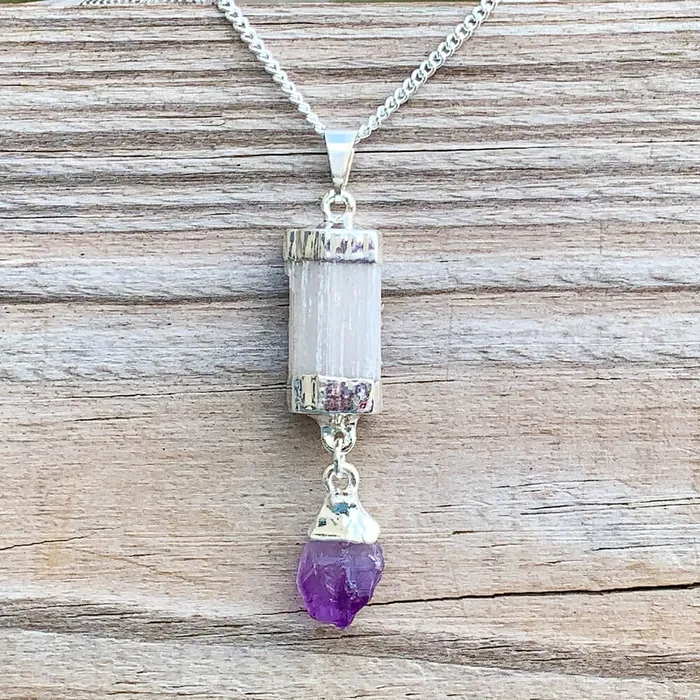 Necklaces Magic Crystals Dangle Selenite and Amethyst Pendant Necklace