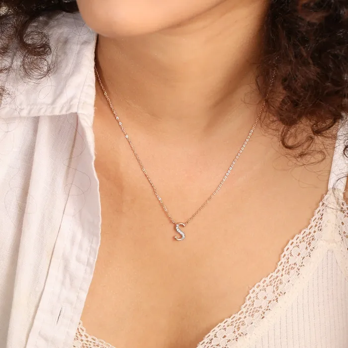 Necklaces SILVER Alphabet AZ Charms CZ RoseGold Plated Silver Necklace