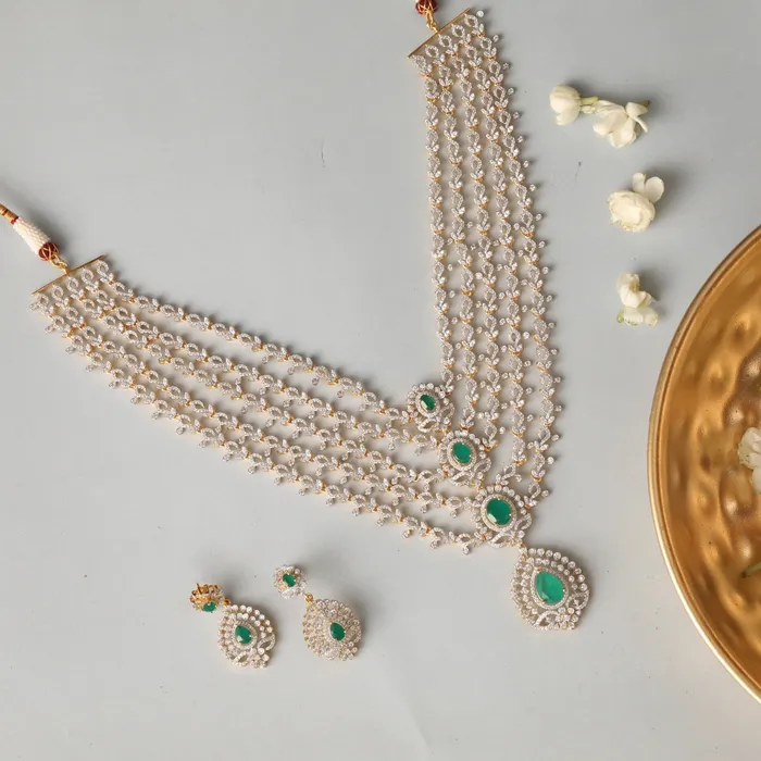 SILVER Necklaces Cascading Green Stone Silver CZ Necklace Set